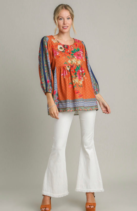 Mixed Print 3/4 Sleeve Top