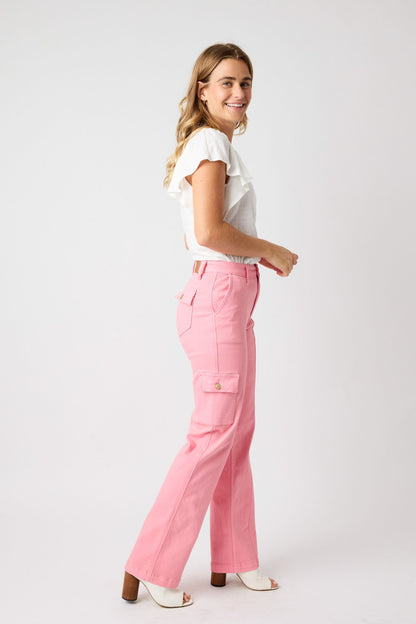 Pink Dyed High Waist Cargo Straight Denim