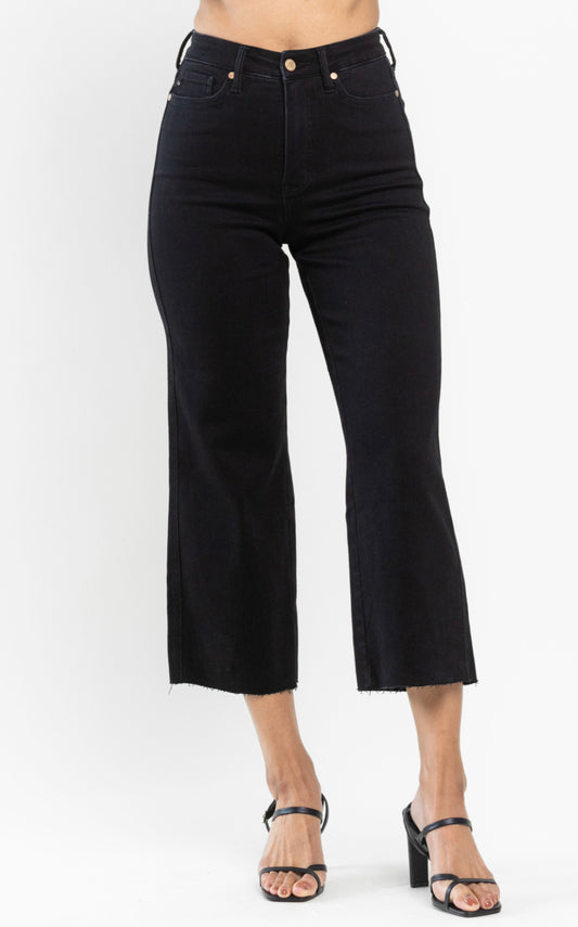 Black HW Tummy Control Wide Leg Crop Jeans