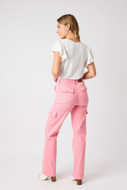 Pink Dyed High Waist Cargo Straight Denim