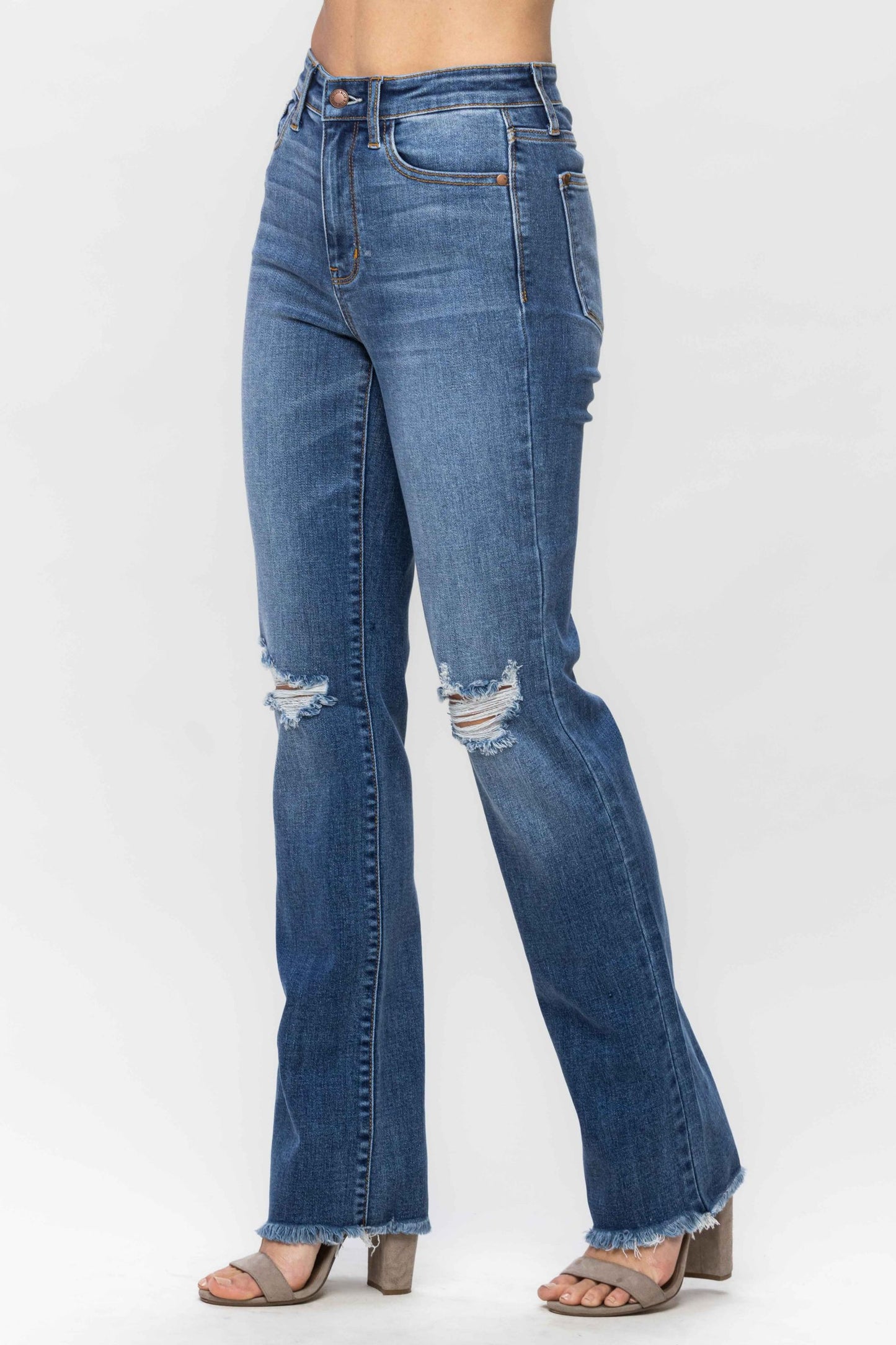 High Waist Frayed Hem Straight Fit Denim