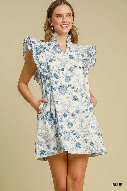 Floral Print Scalloped Sleeved Dress