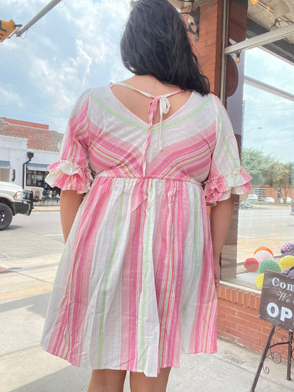 Watermelon Stripe Ruffle Sleeve V-Neck Dress