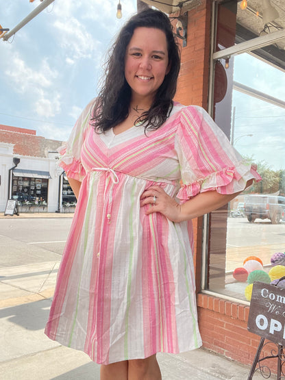 Watermelon Stripe Ruffle Sleeve V-Neck Dress