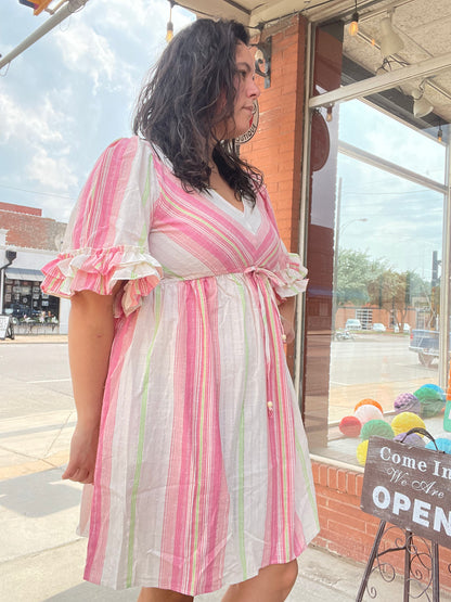 Watermelon Stripe Ruffle Sleeve V-Neck Dress