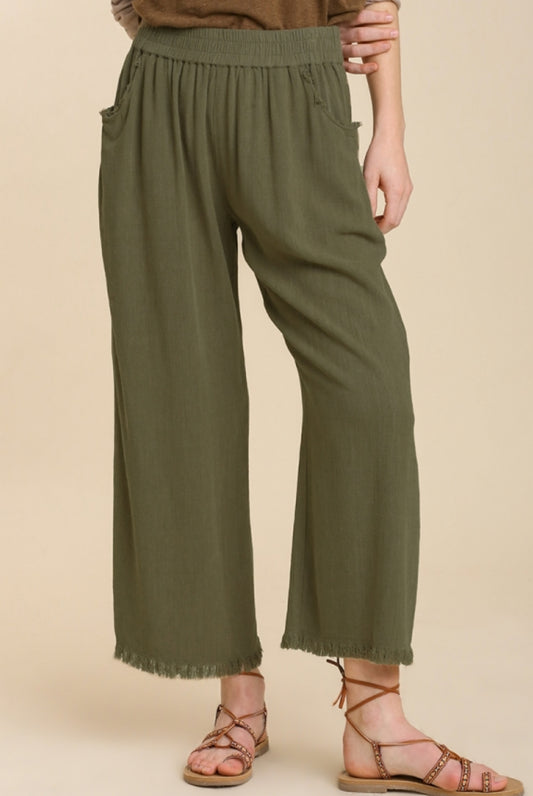 Olive Linen Wide Leg Pants