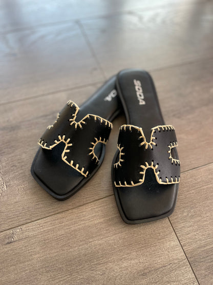 Black Stitched Flat Sandal