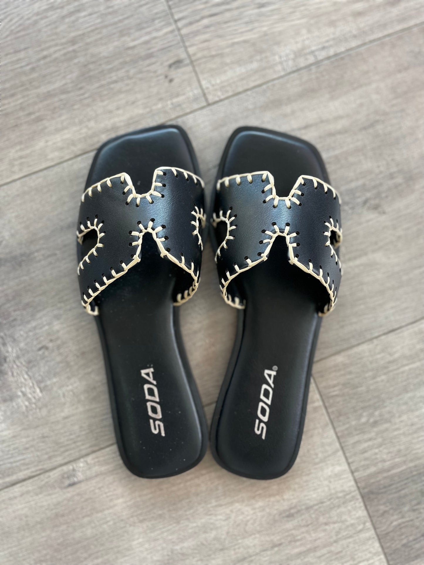 Black Stitched Flat Sandal