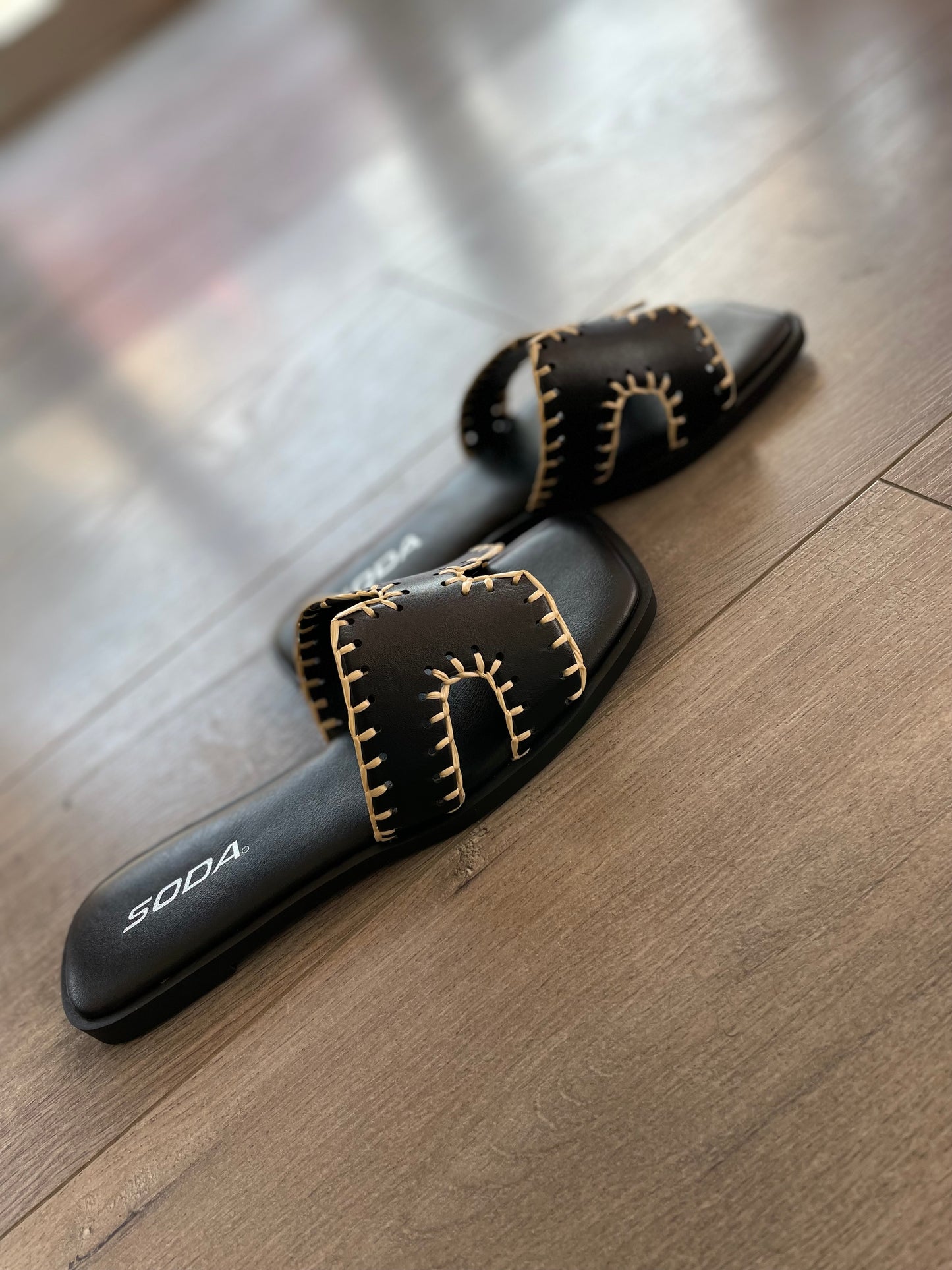 Black Stitched Flat Sandal