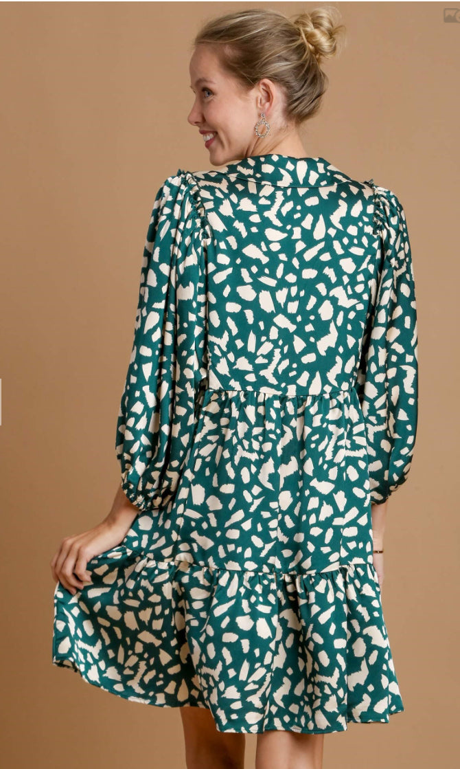 Satin Hunter Green Abstract Print Dress