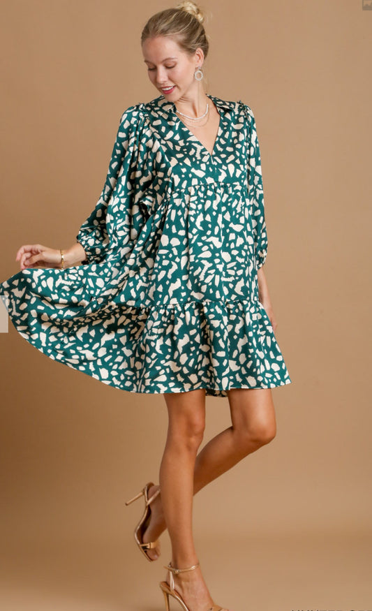 Satin Hunter Green Abstract Print Dress