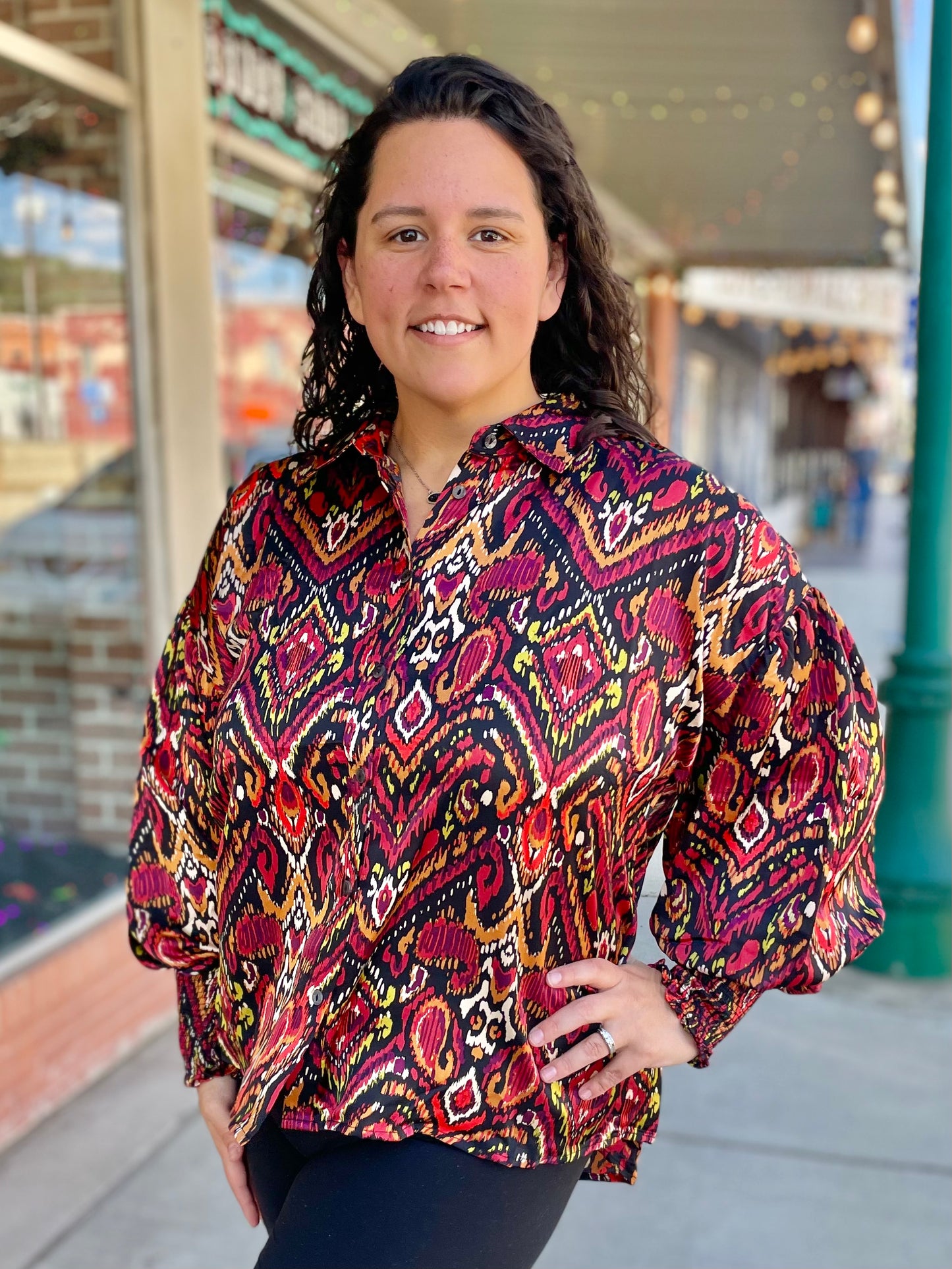 Abstract Print Button Up Silky Top