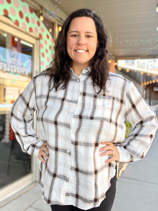 White/Cream/Chocolate Lightweight Plaid Button Up Top