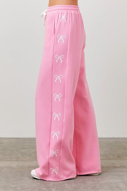 Wide Leg Fleece Pant With Printed Ribbon Bow