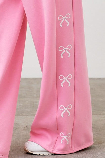 Wide Leg Fleece Pant With Printed Ribbon Bow