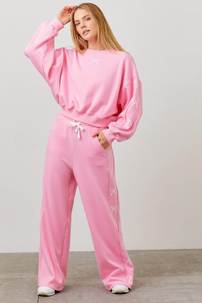 Wide Leg Fleece Pant With Printed Ribbon Bow