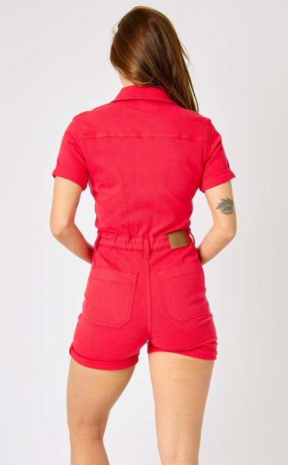 Red High Waist Garment Dyed Short Sleeve Romper