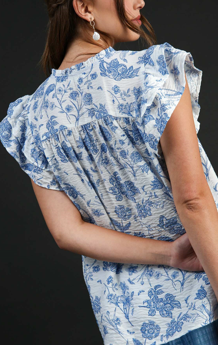 Boxy Cut Floral Print with Smocked Details & Ruffle Sleeves