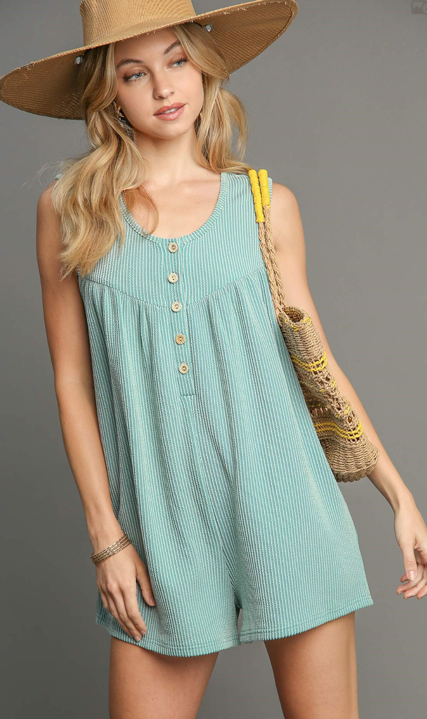 Texture Knit Fabric Mid Button Sleeveless Romper