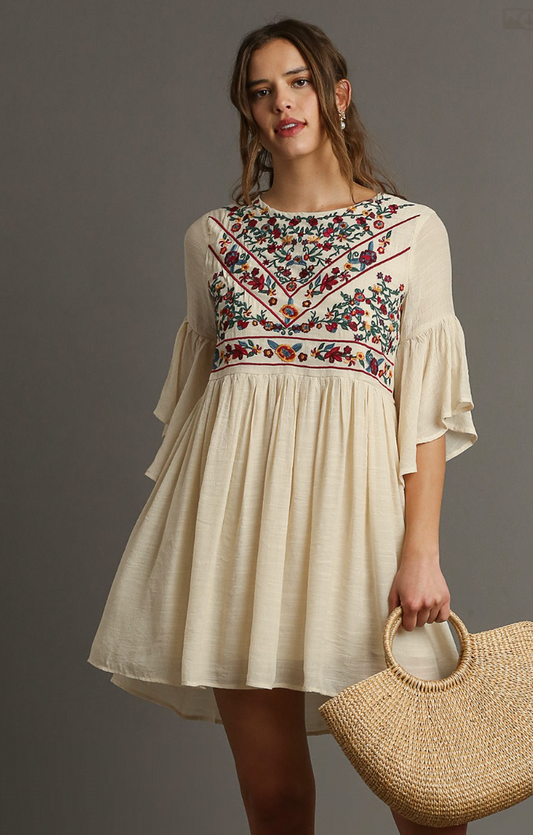 Natural Floral Embroidered Dress