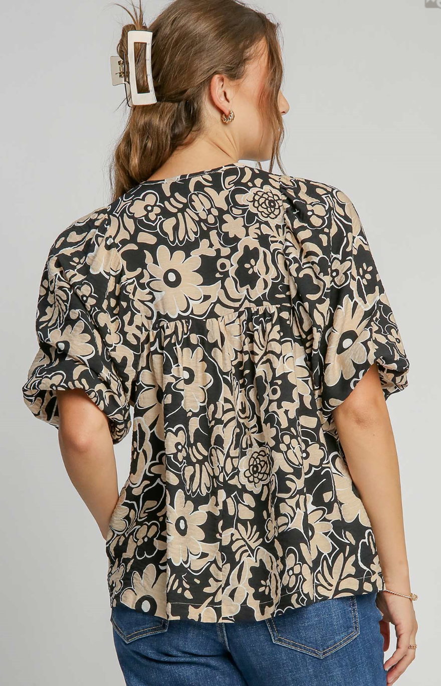 Black Mix Floral Print Keyhole Top