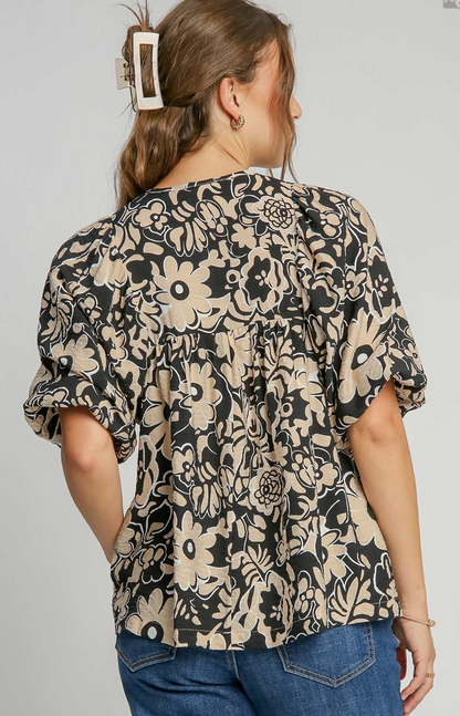 Black Mix Floral Print Keyhole Top