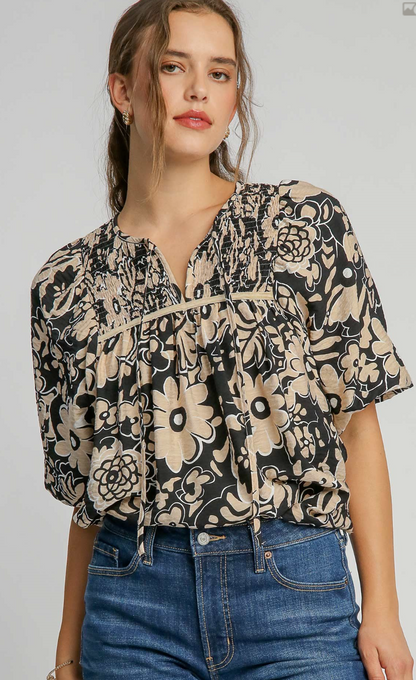 Black Mix Floral Print Keyhole Top