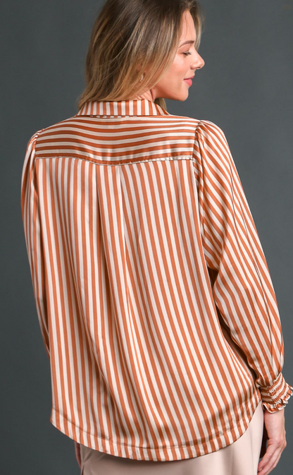 Satin Stripe Split Neck Long Sleeve Top with Smocking and Collar