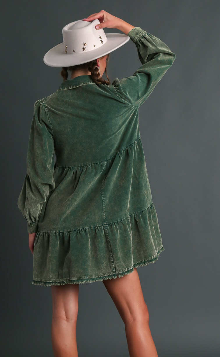 Hunter Green Mineral Wash Corduroy Dress