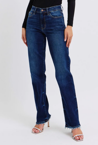 Judy Blue Mid Rise Frayed Hem Straight Leg Jeans