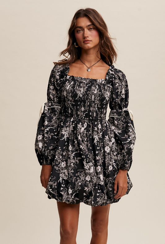 Romantic Floral Print Smocked Bubble Mini Dress