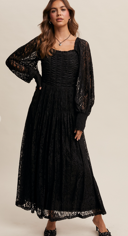 Smocked Square Neck Lace Maxi Dress