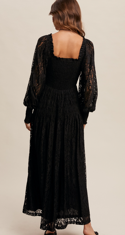 Smocked Square Neck Lace Maxi Dress