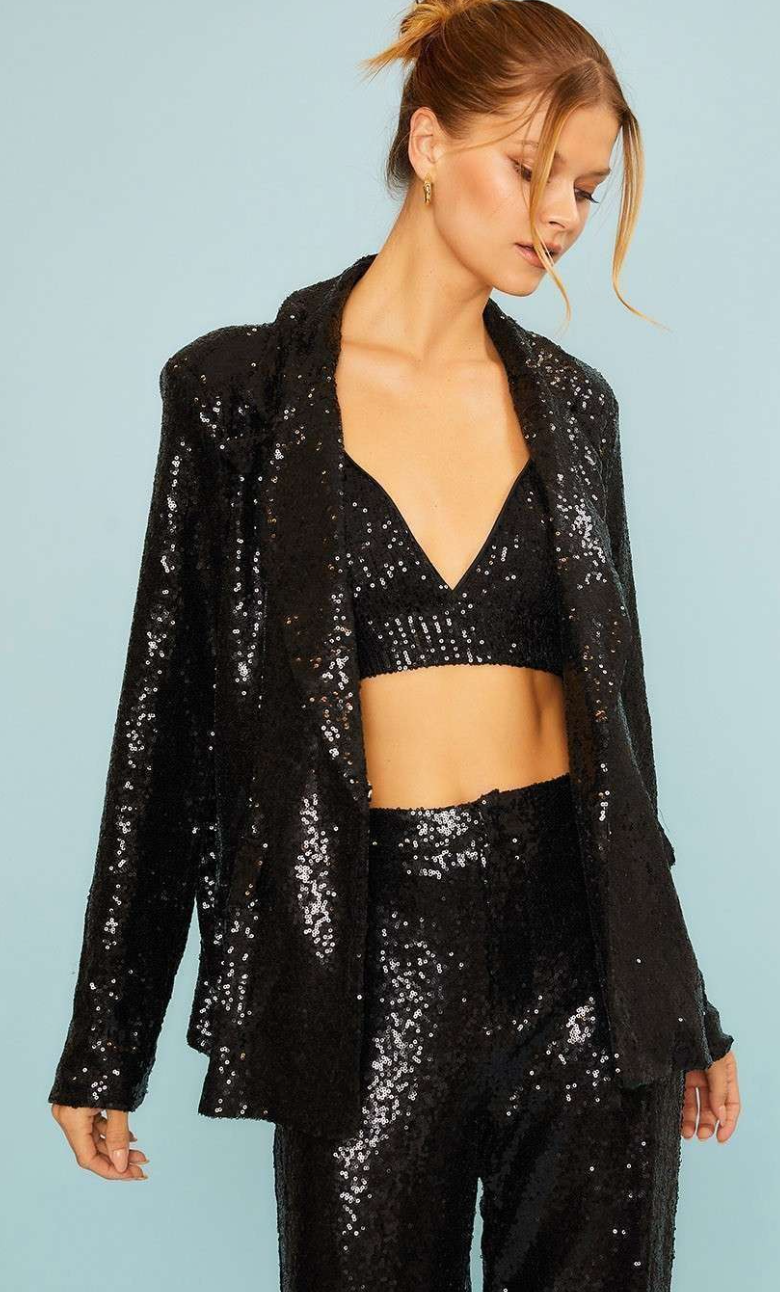 Notched Collar Neck Sequin Oversize Blazer Jacket