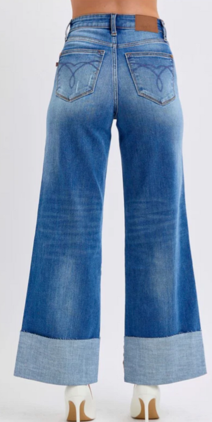 High Waist Retro Wide Leg Denim with Cuff