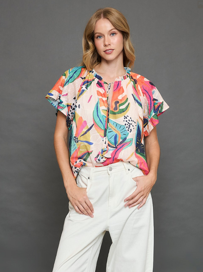 Abstract Print Top with Flutter Sleeves