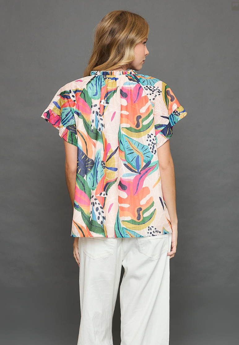 Abstract Print Top with Flutter Sleeves