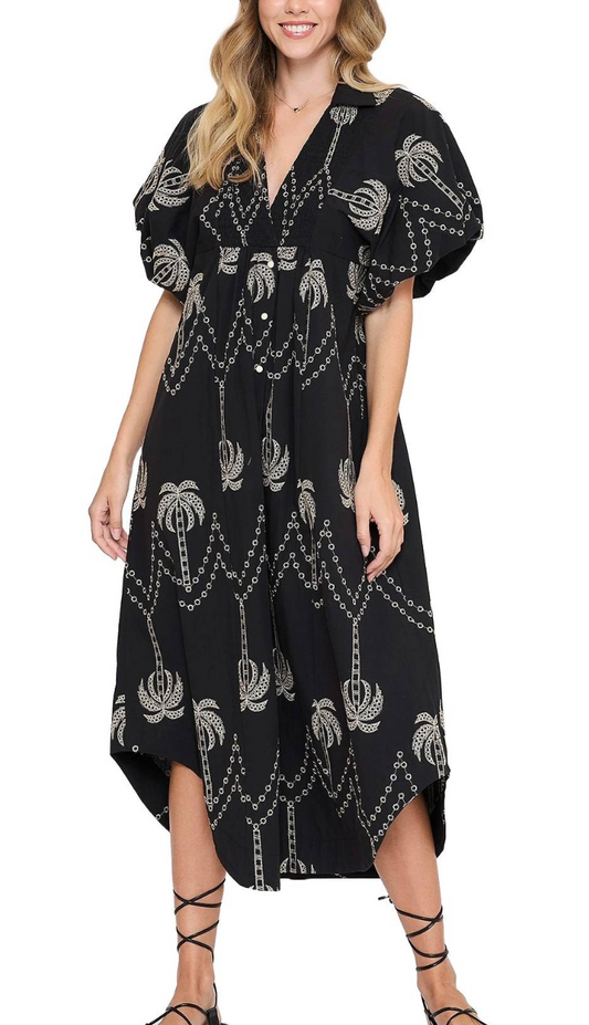 Palm Tree Embroidered Midi Dress