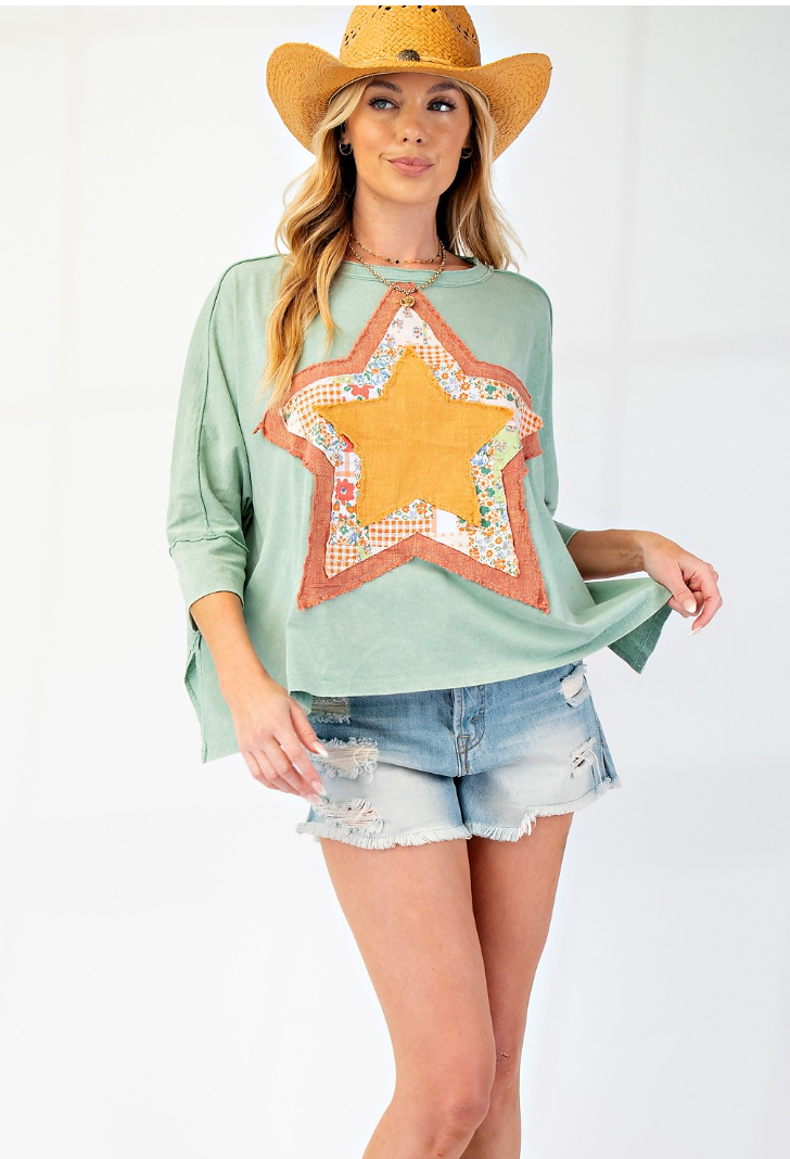 Washed Cotton Slub Star Patch Front Top