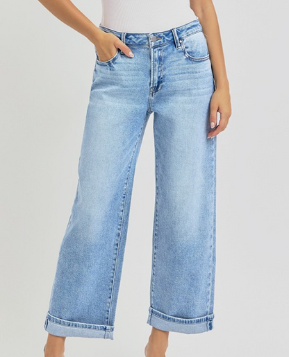 High Rise Ankle Barrel Turn-Up Cuffed Jeans