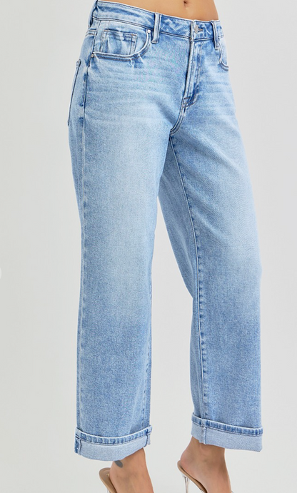 High Rise Ankle Barrel Turn-Up Cuffed Jeans