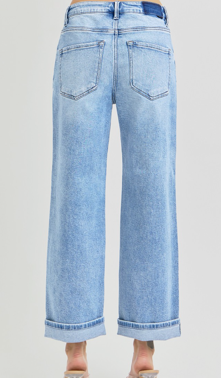 High Rise Ankle Barrel Turn-Up Cuffed Jeans