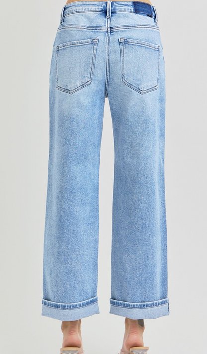 High Rise Ankle Barrel Turn-Up Cuffed Jeans