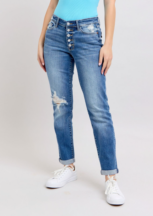 Mid Rise Button-Fly Boyfriend Jeans