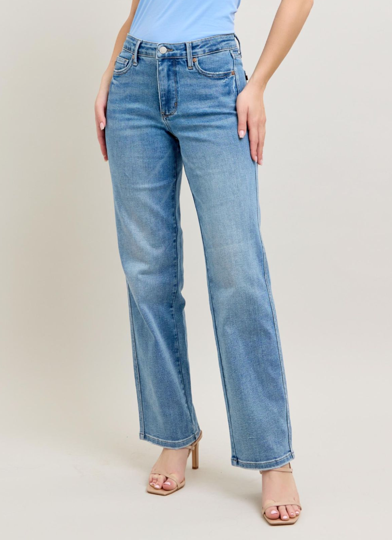 Mid Rise Tummy Control Vintage Wash Straight Denim