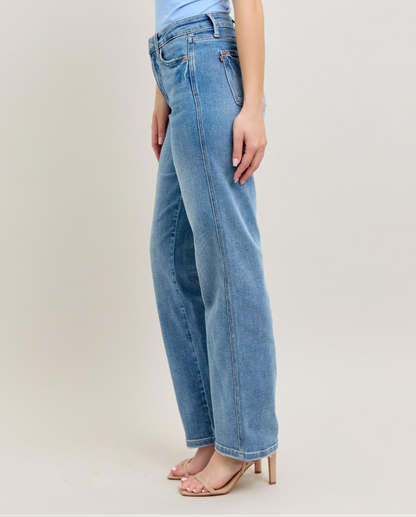 Mid Rise Tummy Control Vintage Wash Straight Denim