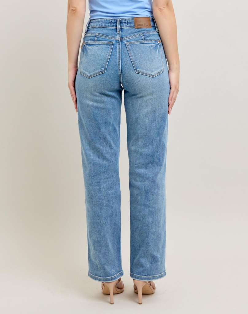 Mid Rise Tummy Control Vintage Wash Straight Denim