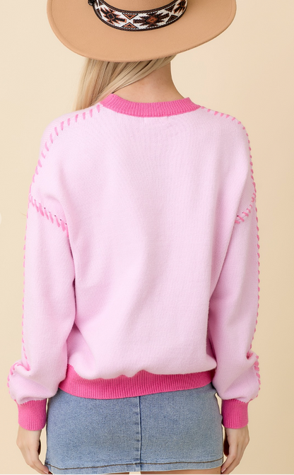 Pink Sweater Knit Top With Ribbon And Stitching Detail