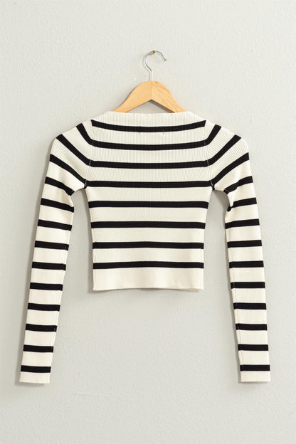 Striped Boatneck Long Sleeve Crop Top