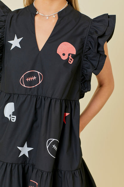 Sparkle Game Day Print Shoulder Ruffle Dress